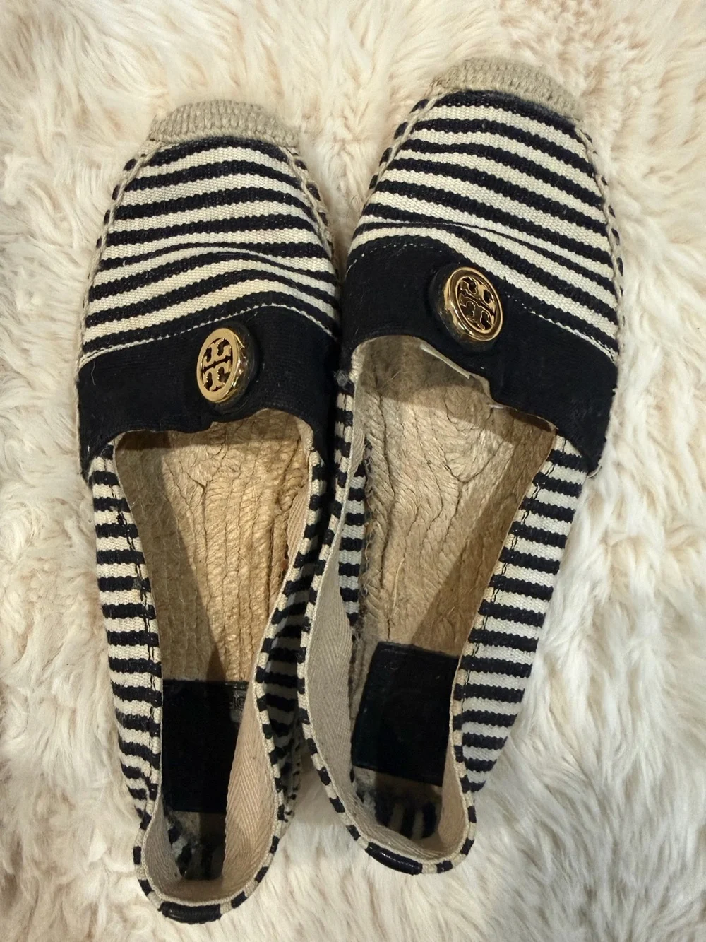 Tory Burch Black & White Striped Espadrille Flats